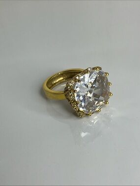Gold-Tone Cocktail Ring with Large Clear Crystal